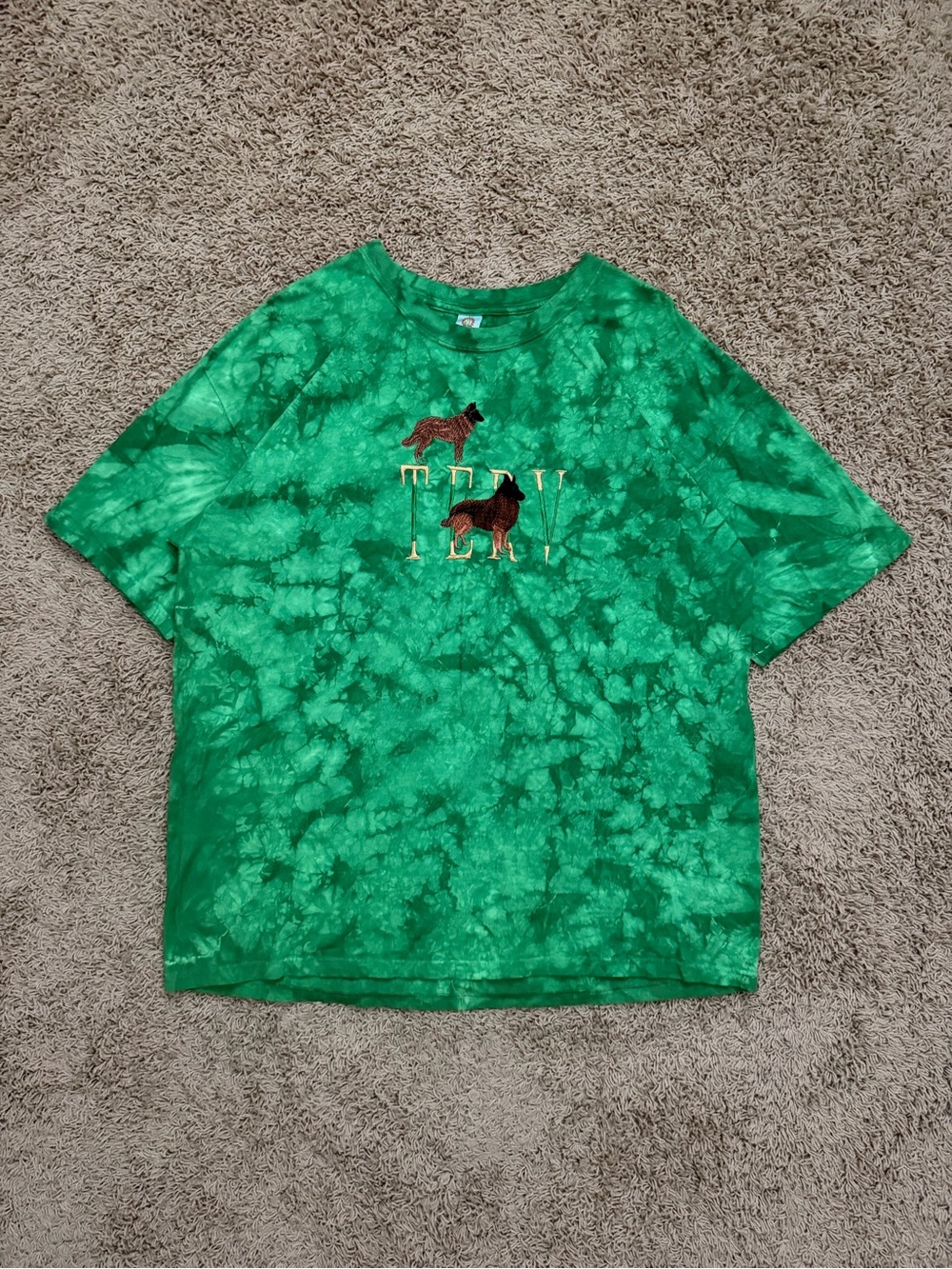 Vintage Belgian Tervuren Embroidered Tie Dye Green T Shirt Sz XL RARE
